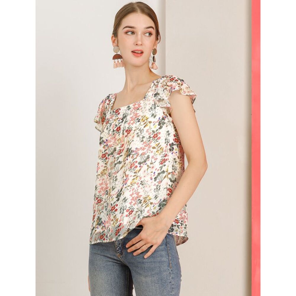 Women's Chiffon Ruffle Sleeve Vintage Layered Floral Print Blouse Top White - Picture 4 of 6